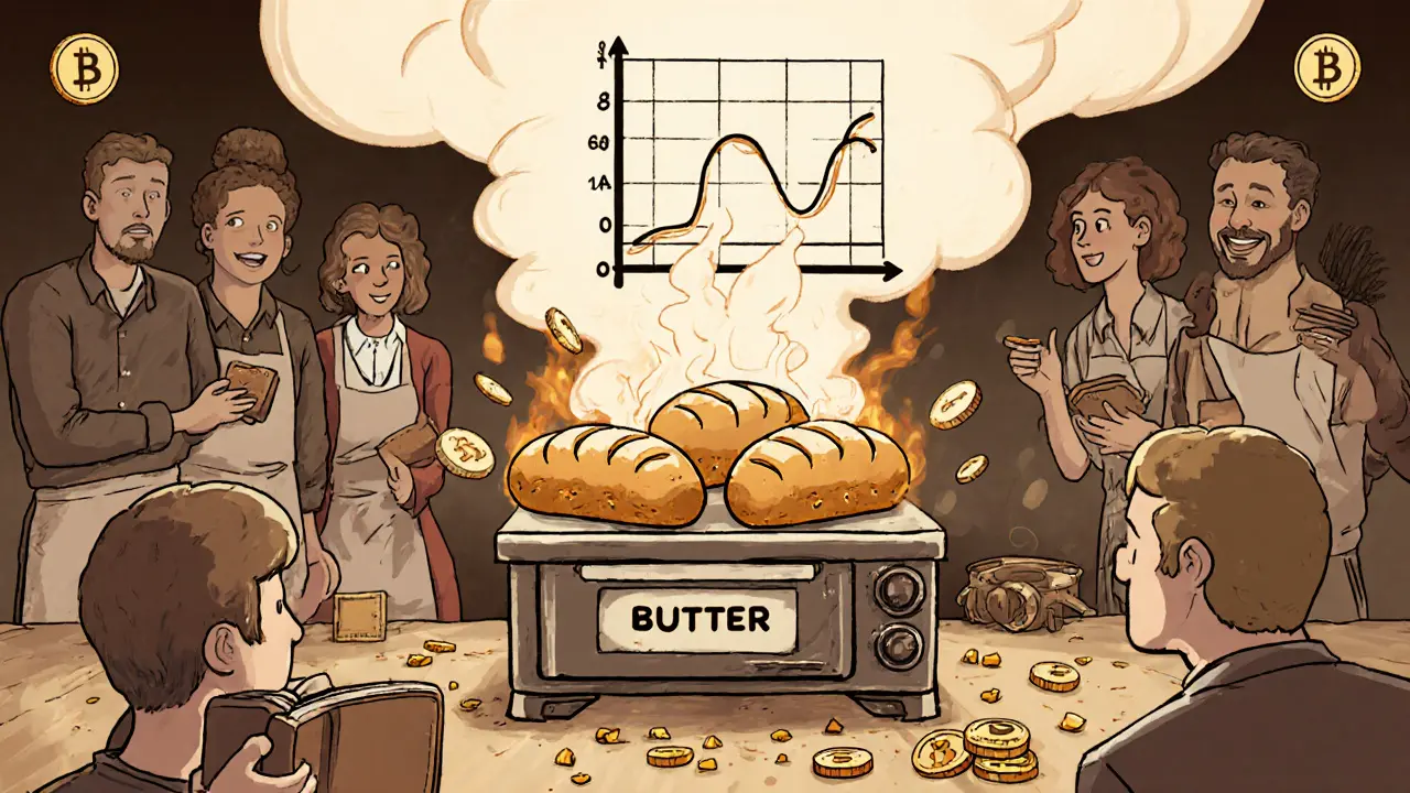A magical bakery where BUTTER tokens are baked and burned, reducing supply with smoke forming a shrinking graph.