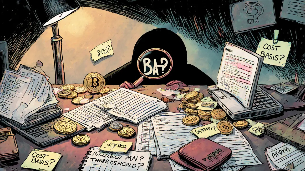 A messy desk with crypto records and a shadowy tax inspector peering over in hand-drawn cartoon style.