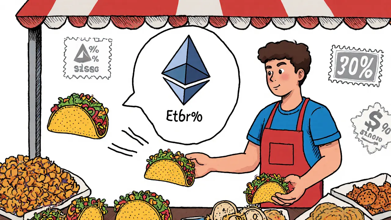 A taco vendor accepting Ethereum with floating VAT and tax signs above the transaction in illustrative style.