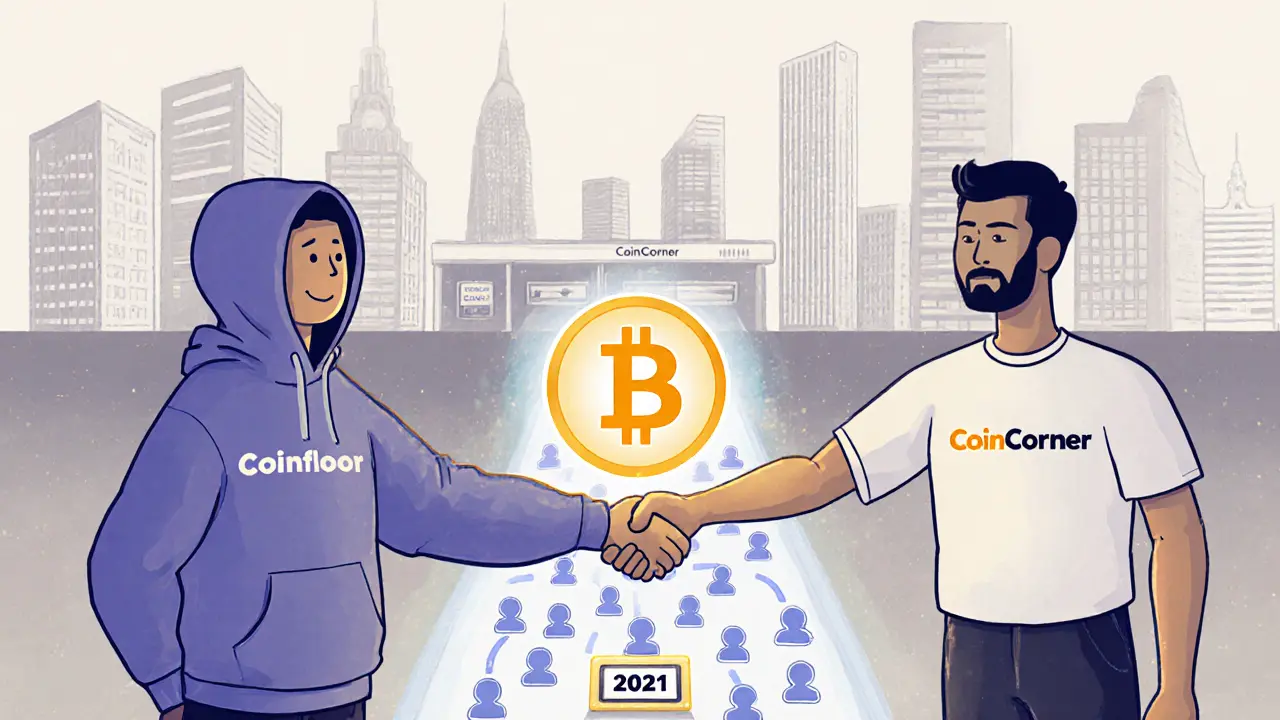 Cartoon handover of users from Coinfloor to CoinCorner, with fading legacy building and modern exchanges in background