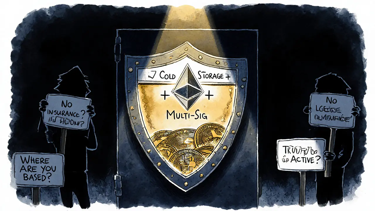 Secure vault with crypto coins protected by cold storage, question marks looming outside