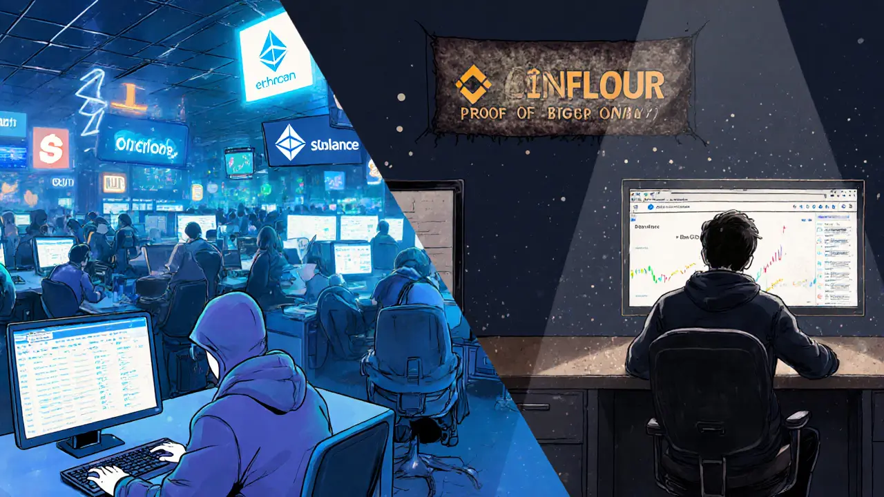 Split scene: busy modern crypto trading floor vs. empty Coinfloor office with outdated interface