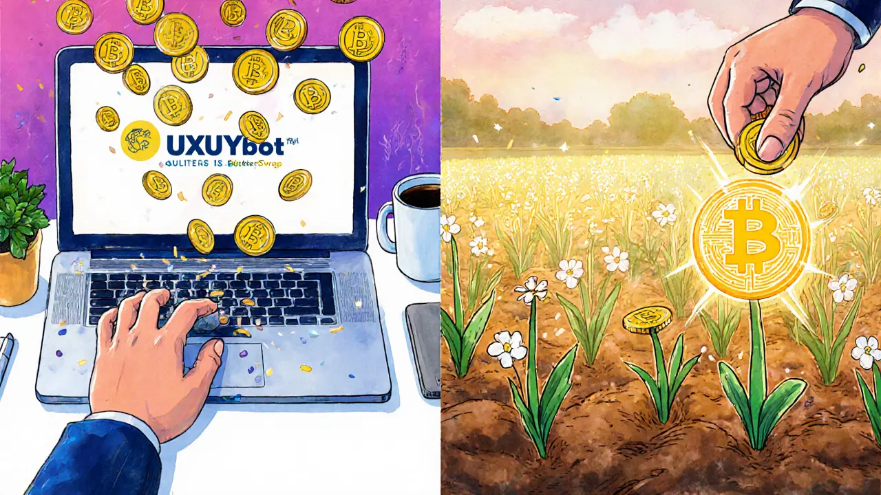 Two scenes: one showing MAPO tokens raining from a wallet app, another showing BUTTER tokens growing from a liquidity farm.