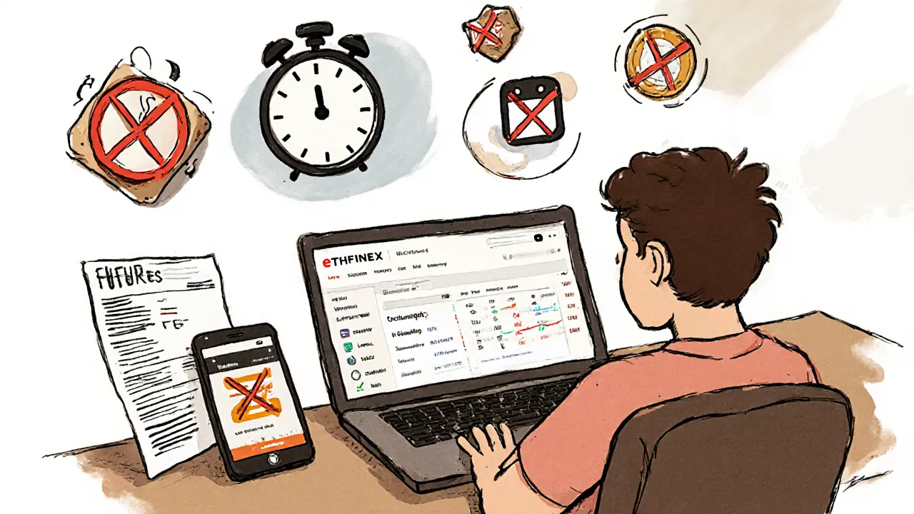 User frustrated with no mobile app, laptop showing web-only trading, clock ticking