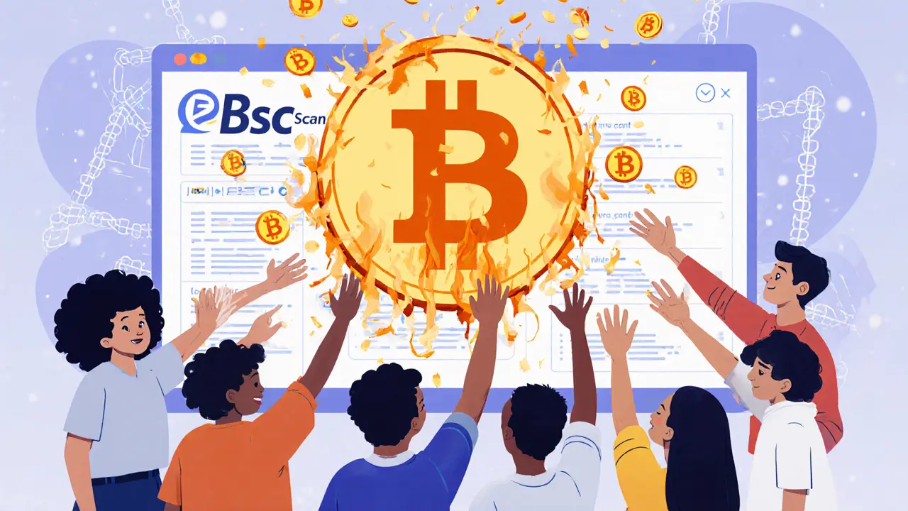 A diverse group of people voting to burn a large cryptocurrency token, with blockchain logs glowing in the background.