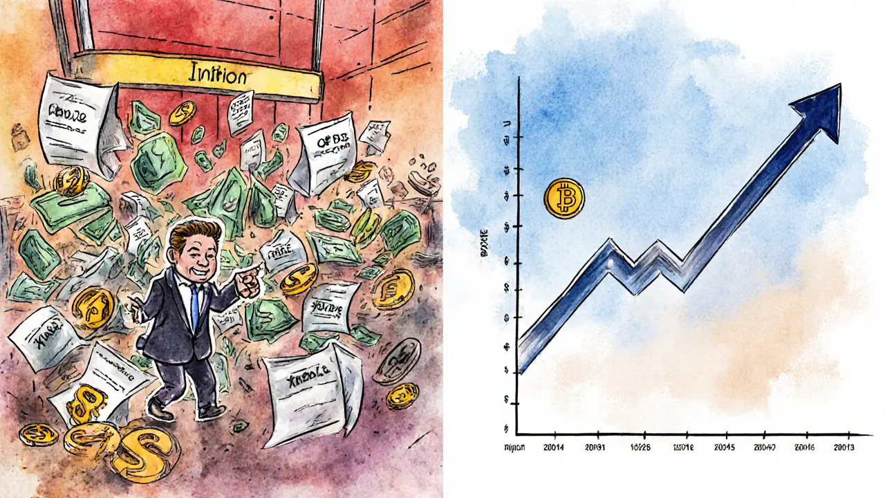 A side-by-side scene showing chaotic stock printing on one side and clean token burning on the other, symbolizing scarcity vs inflation.