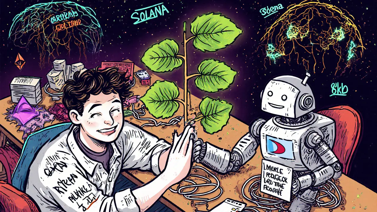 A developer’s messy desk with a glitching Merkle Tree and a robot holding a tiny 8KB proof, symbolizing blockchain efficiency.