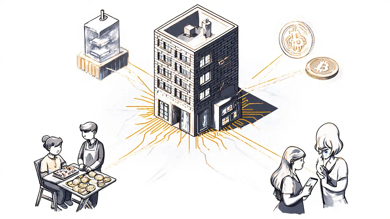 A family in Eastern Europe using COINZIX's future crypto services: debit cards, loans, and staking, connected by digital lines.