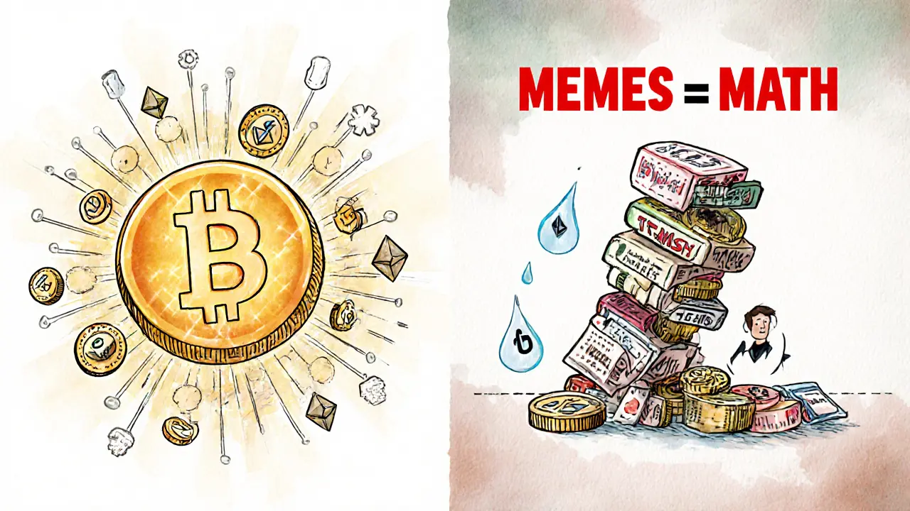 A fragile meme coin tower collapsing next to sturdy Bitcoin and Ethereum networks.