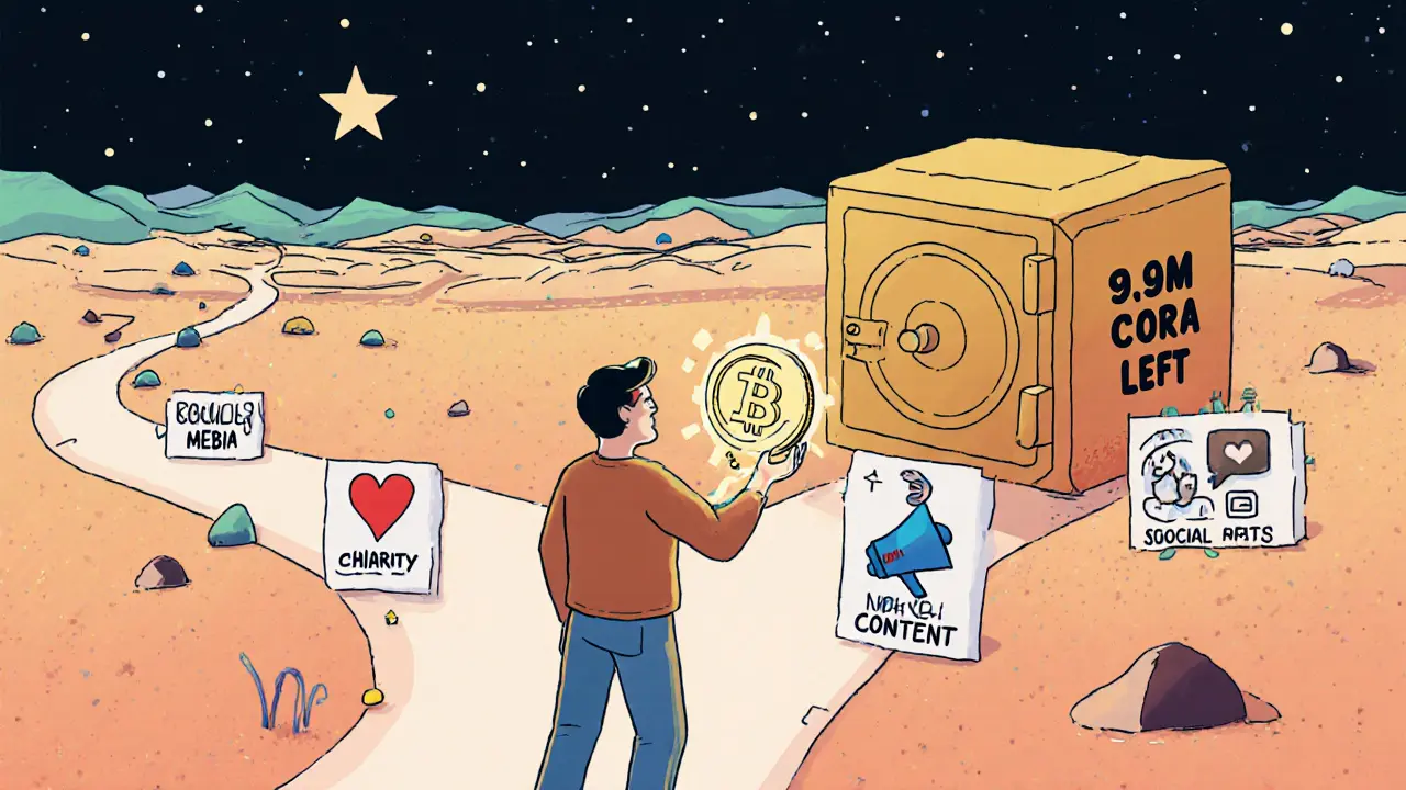 A person reaching toward a vault labeled &#039;9.96M CORA LEFT&#039; with symbolic paths behind