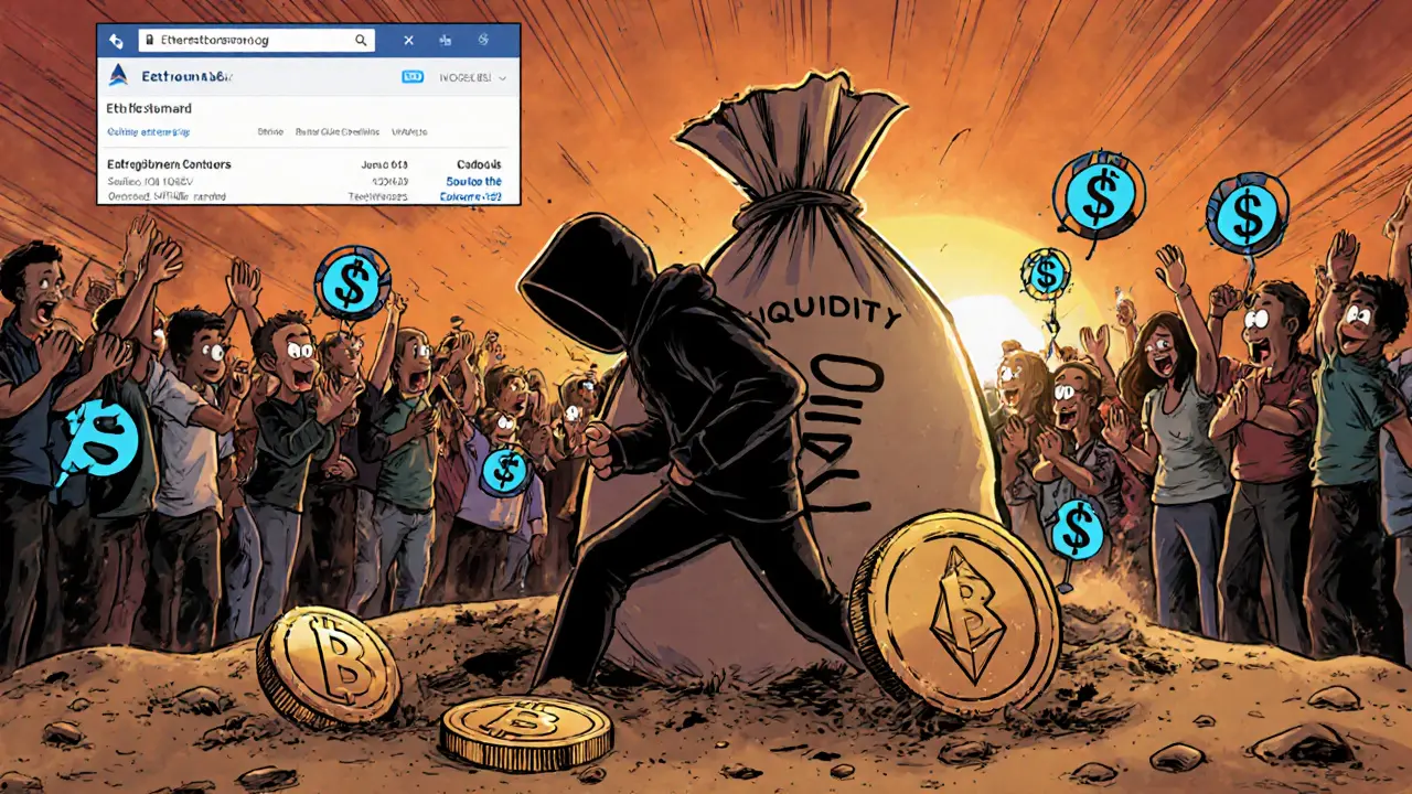 A shady figure stealing liquidity while investors cheer, with crumbling memecoins on the ground.