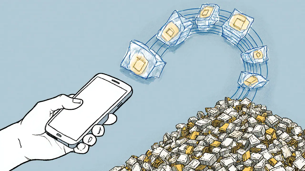 A smartphone user verifying a transaction with a floating path of 10 hash nodes rising to the Merkle Root.