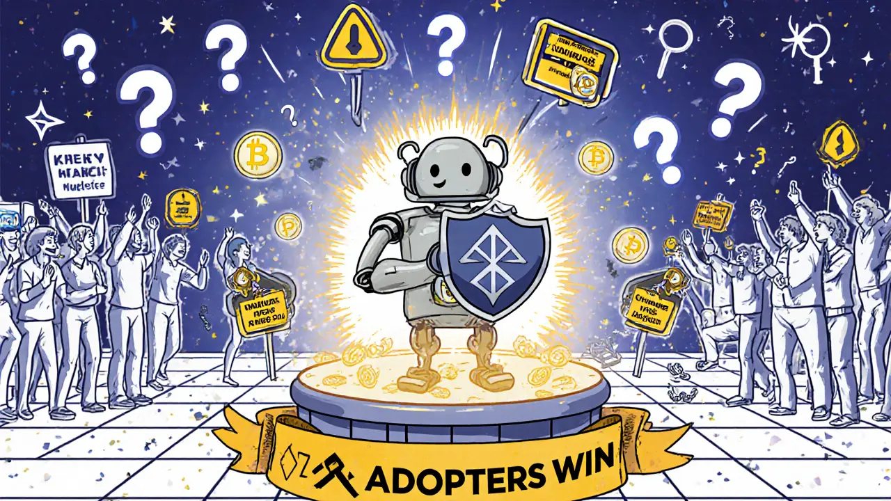 A wallet swapping ETH for CORA tokens on a stylized exchange with &#039;Price <h2>What’s Holding CORA Back Right Now</h2>&#039; signs nearby