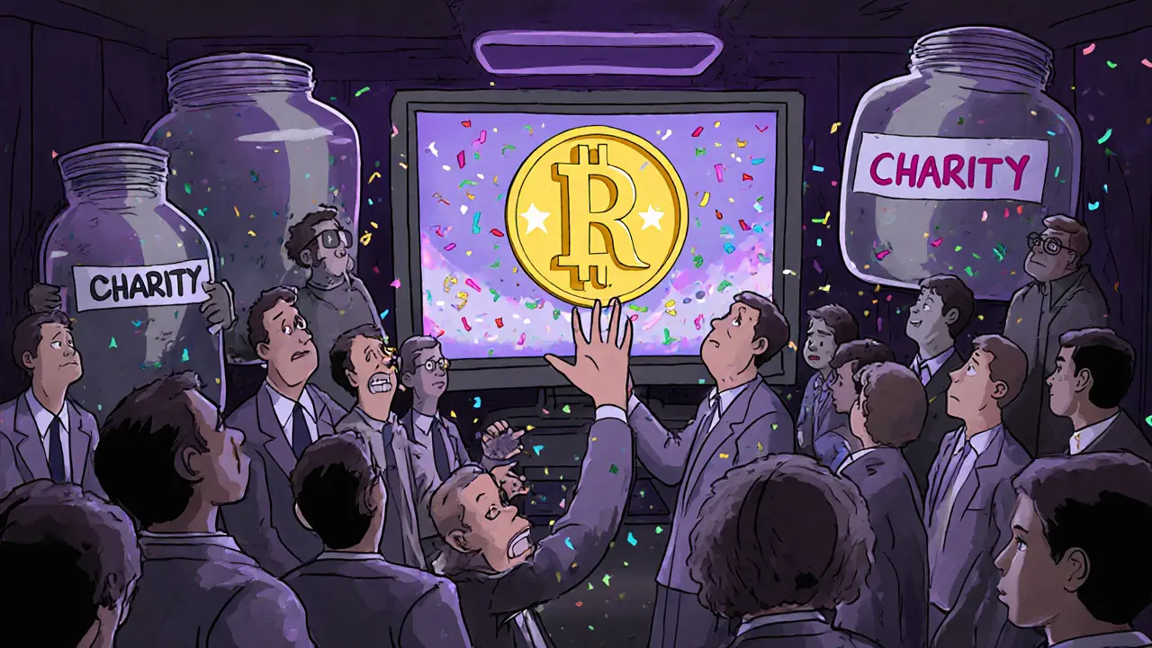 Anxious traders exchanging CharCoin on a flickering screen while empty donation jars sit behind them.