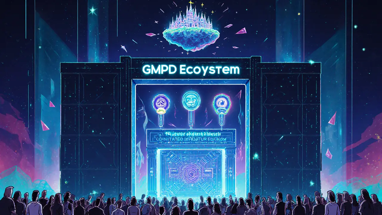 A digital gate opening to three tiers of GamesPad ecosystem rewards: staking, NFT access, and upcoming games.