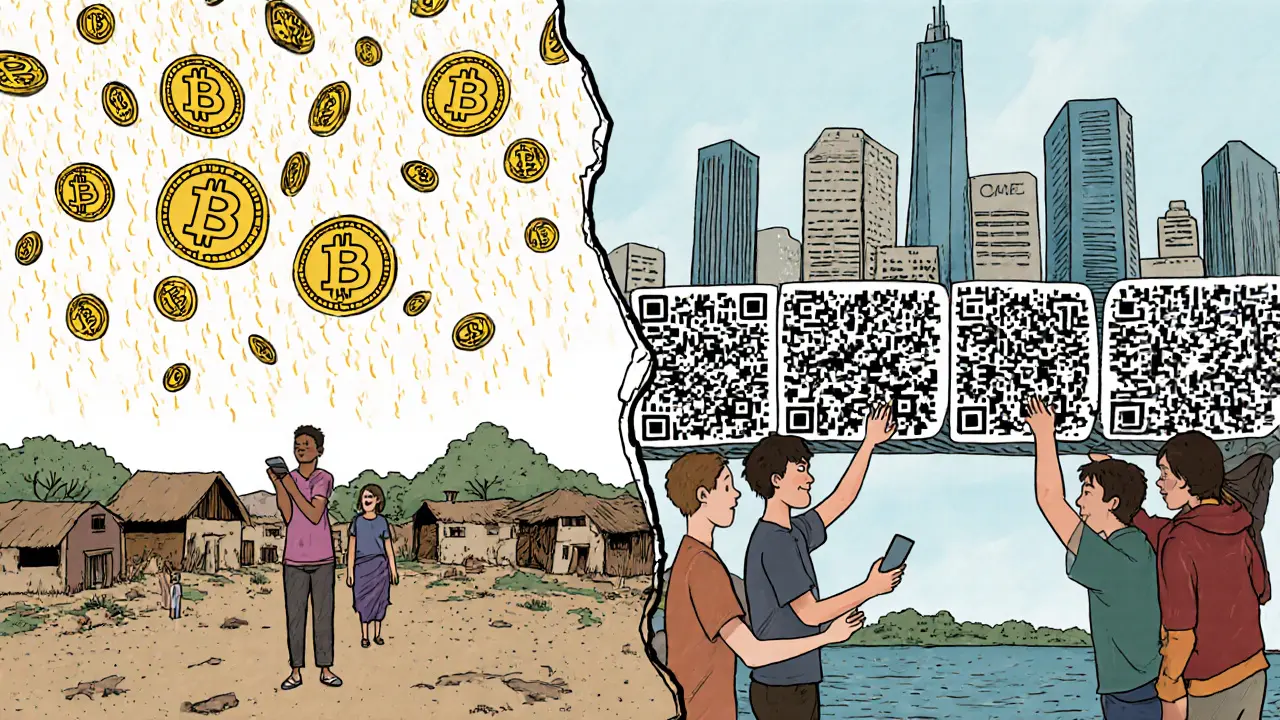 A divided landscape showing rural poverty versus urban crypto access, connected by QR code bridges.