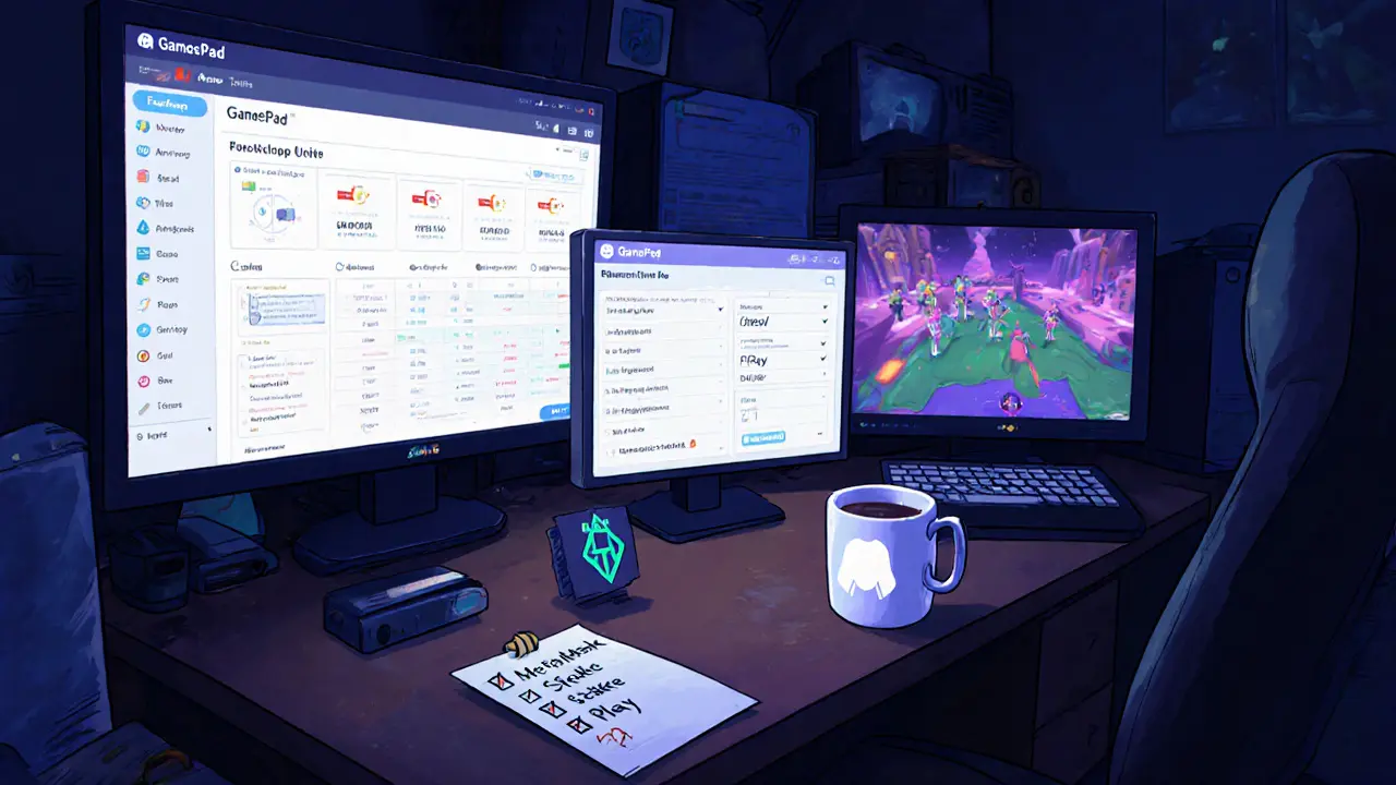 A gamer’s room at night with screens showing GamesPad, Discord, and a beta game, plus a checklist for airdrop tasks.