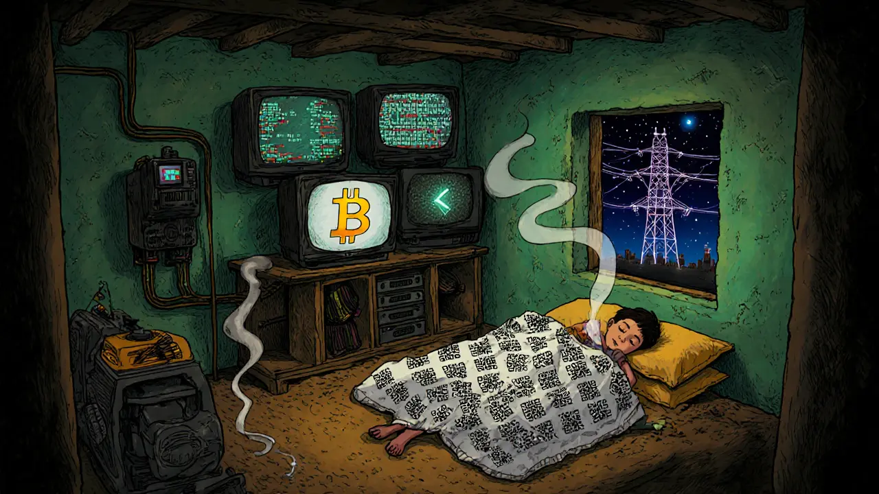 A hidden Bitcoin mining setup in a Pakistani home powered by a generator, with blockchain data on TVs.