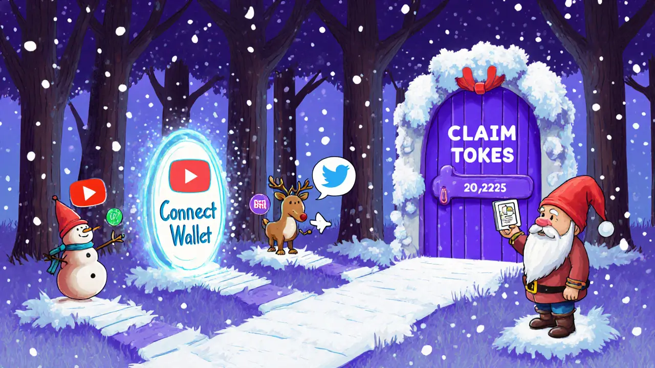 A magical winter path leads through tasks like connecting a wallet, subscribing to YouTube, and completing KYC, ending at a locked claim door with a countdown.