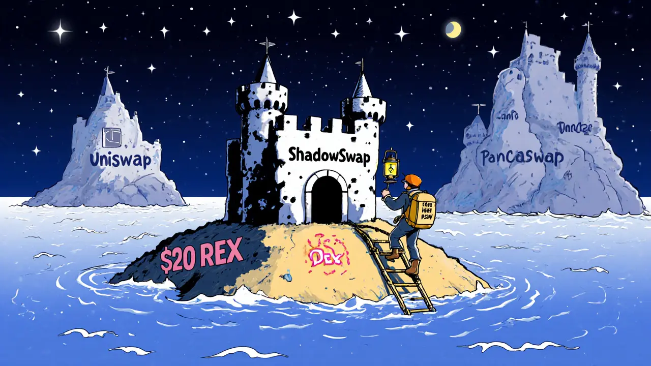 A tiny castle labeled ShadowSwap on a small island, with a brave explorer climbing toward it at night.