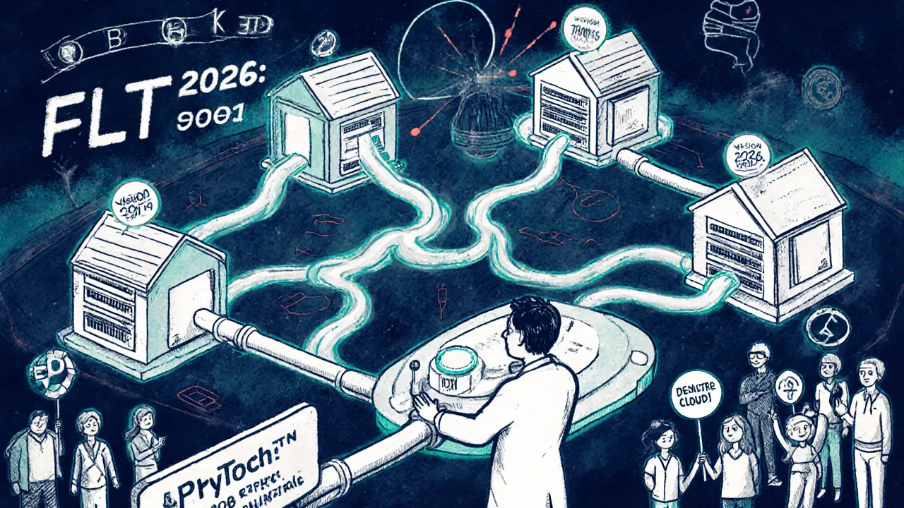 AI brain built from nodes with FLT tokens flowing through pipelines, labeled 'Vision 2026' in the background.