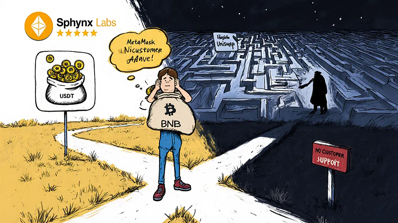 Beginner at a crossroads choosing between a simple DeFi app and a complex maze of other platforms.