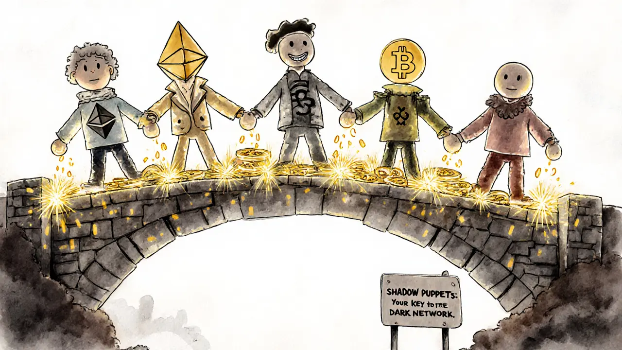 NFT puppets forming a bridge between four blockchains, with coins glowing as they cross.