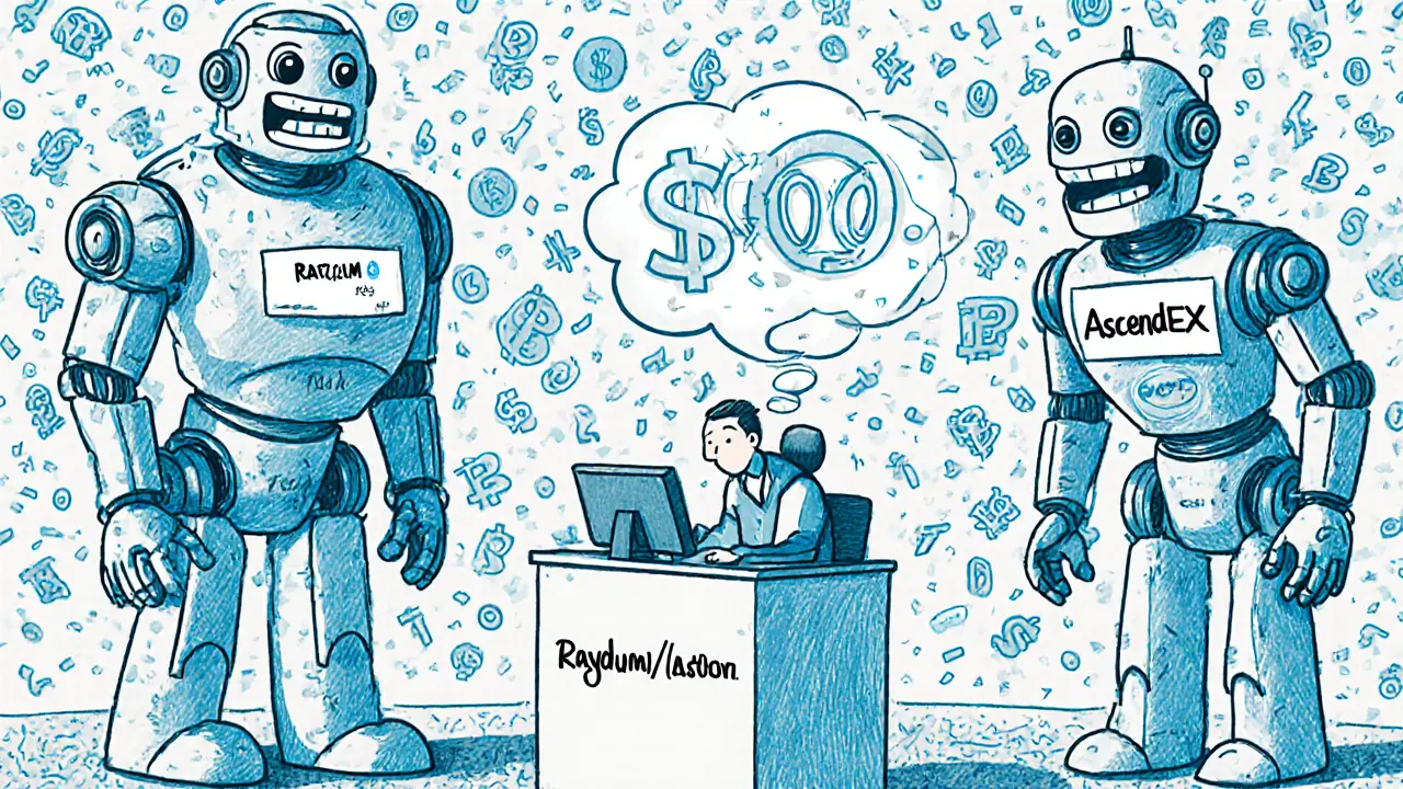 One trader at a tiny terminal surrounded by giant robots mocking the collapse of a worthless token.