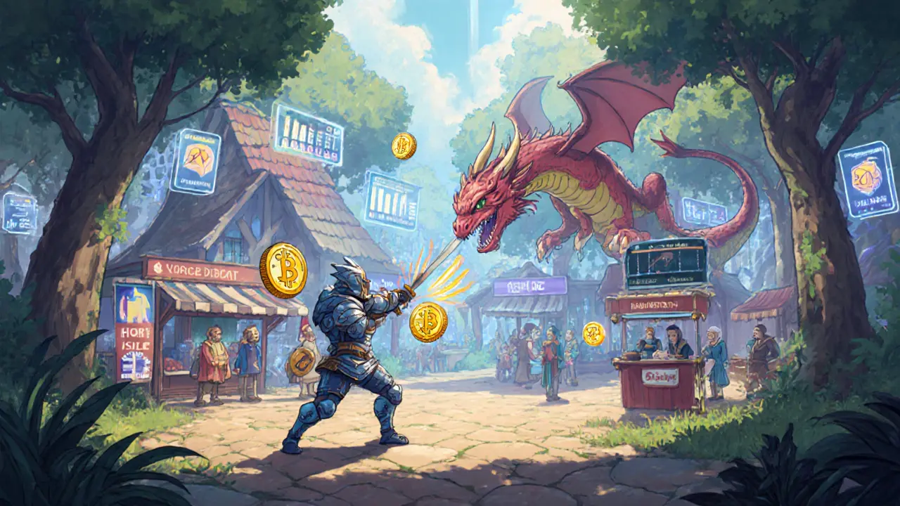 Player character fighting a dragon in a fantasy game world with a bustling NFT marketplace and voting booths in the background.