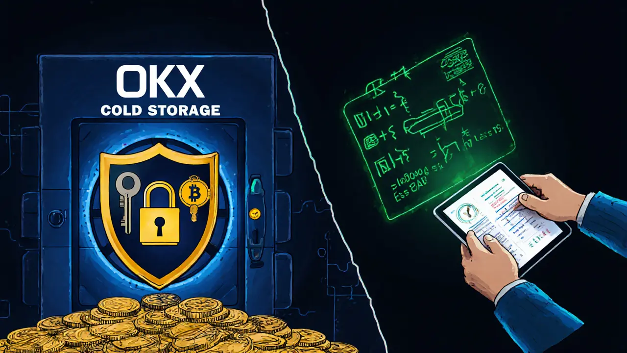 Secure OKX vault with cold storage and zk-STARK verification screen glowing with Bitcoin balances