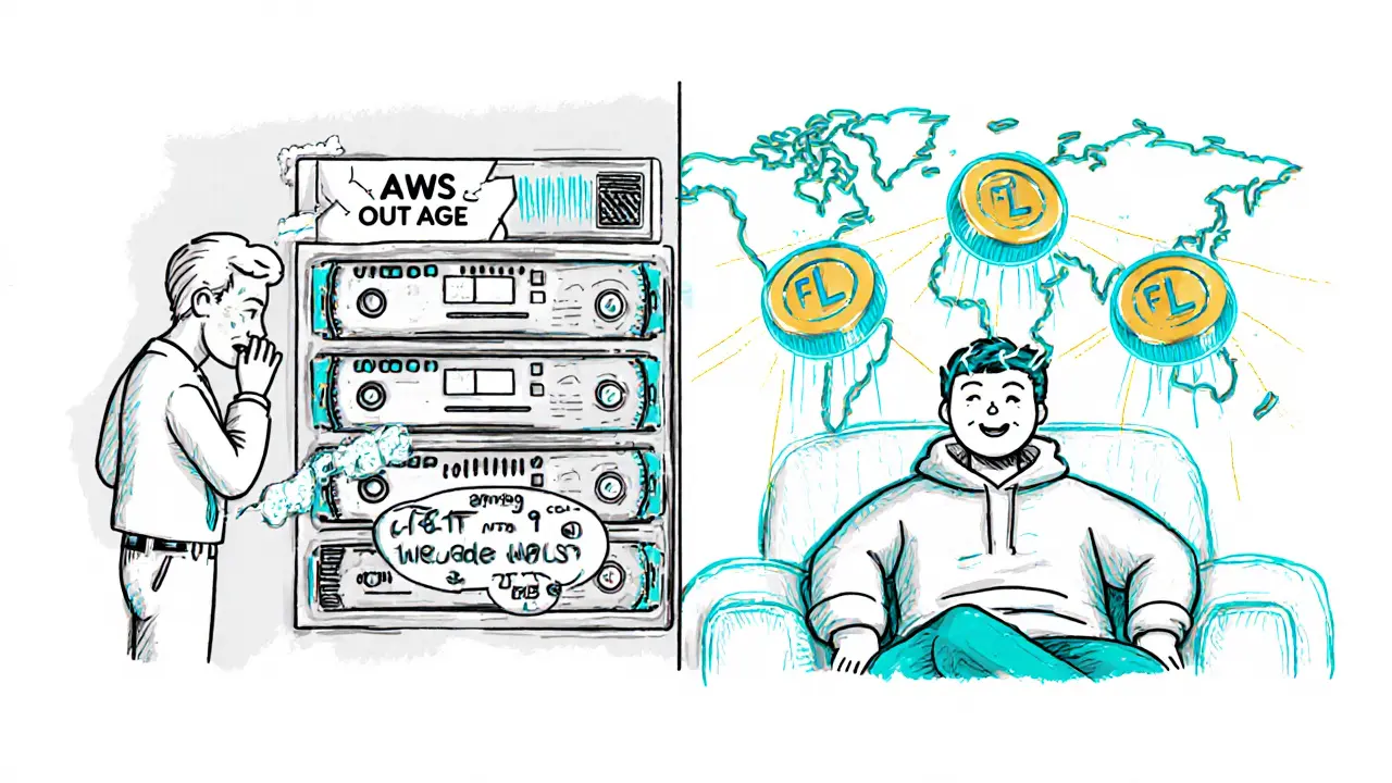 Split illustration: crashed corporate server vs. cozy home node earning FLT tokens from a decentralized network.