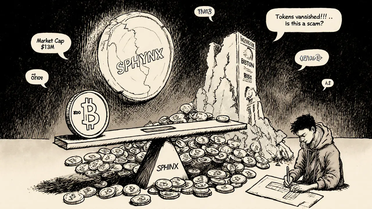 Tiny SPHYNX token on a broken scale versus large cryptocurrencies, with Discord warnings floating nearby.