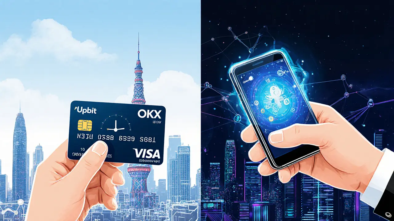 Trader juggling Upbit&#039;s KRW simplicity and OKX&#039;s advanced crypto tools against Seoul skyline