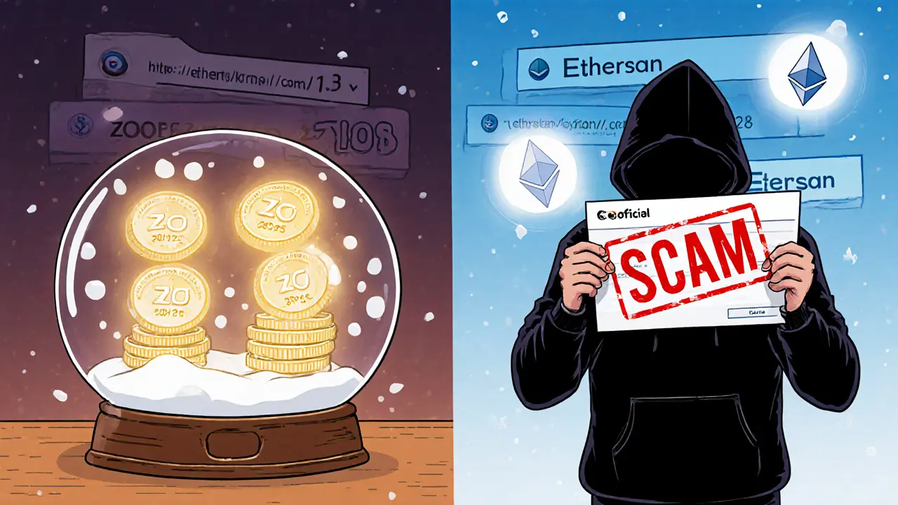 Two scenes: one shows tokens unlocking from a snow globe with dates, the other shows a scammer ignoring official website beacons.