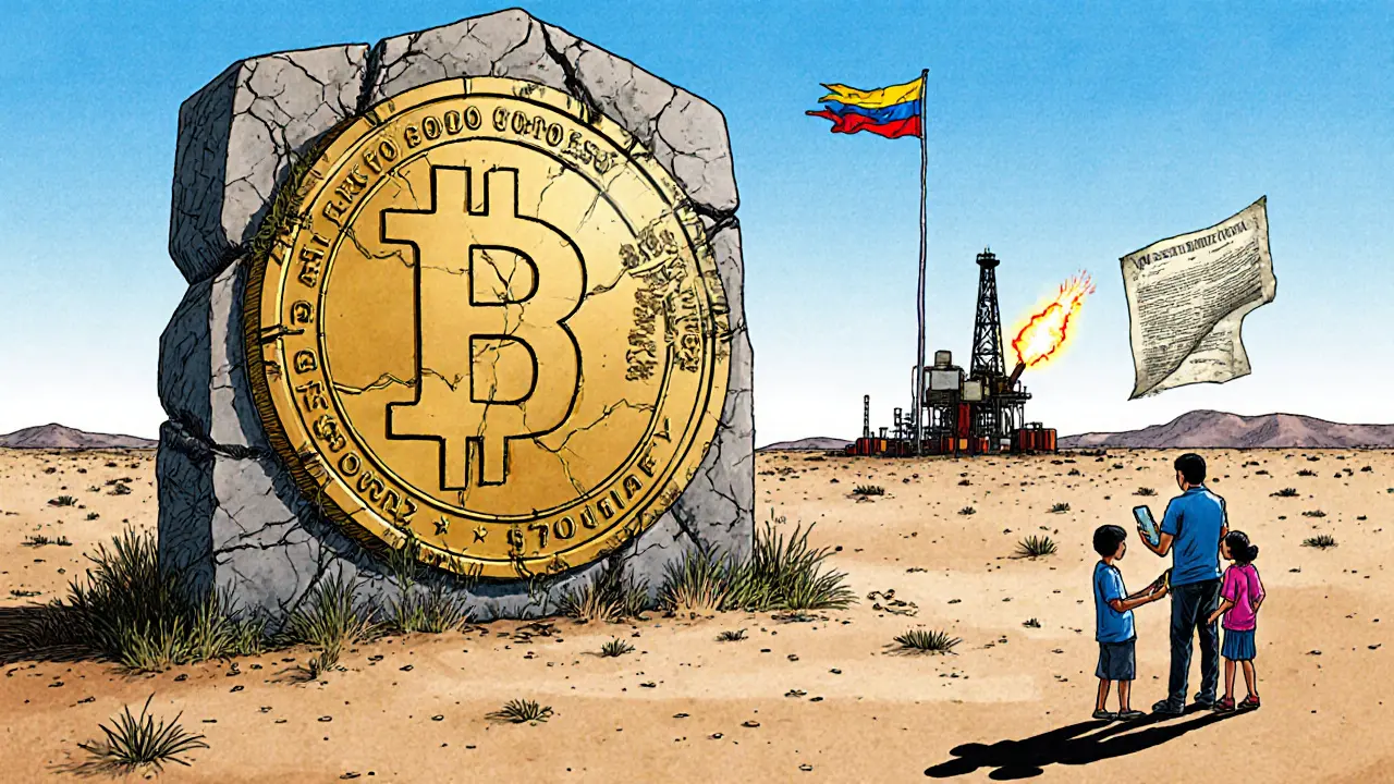 A broken Petro token monument in a desert as a family uses Bitcoin on their phone under a rising dollar flag.