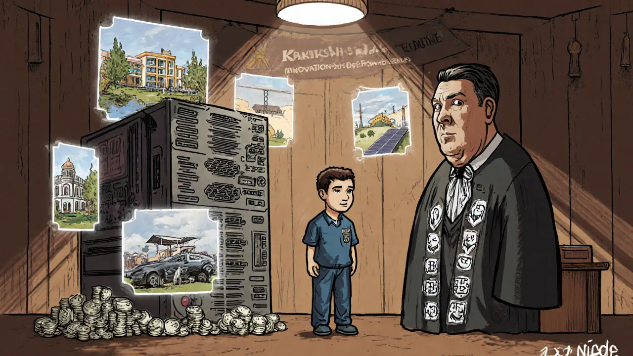 A courtroom scene shows confiscated mining equipment being auctioned to fund renewable energy.