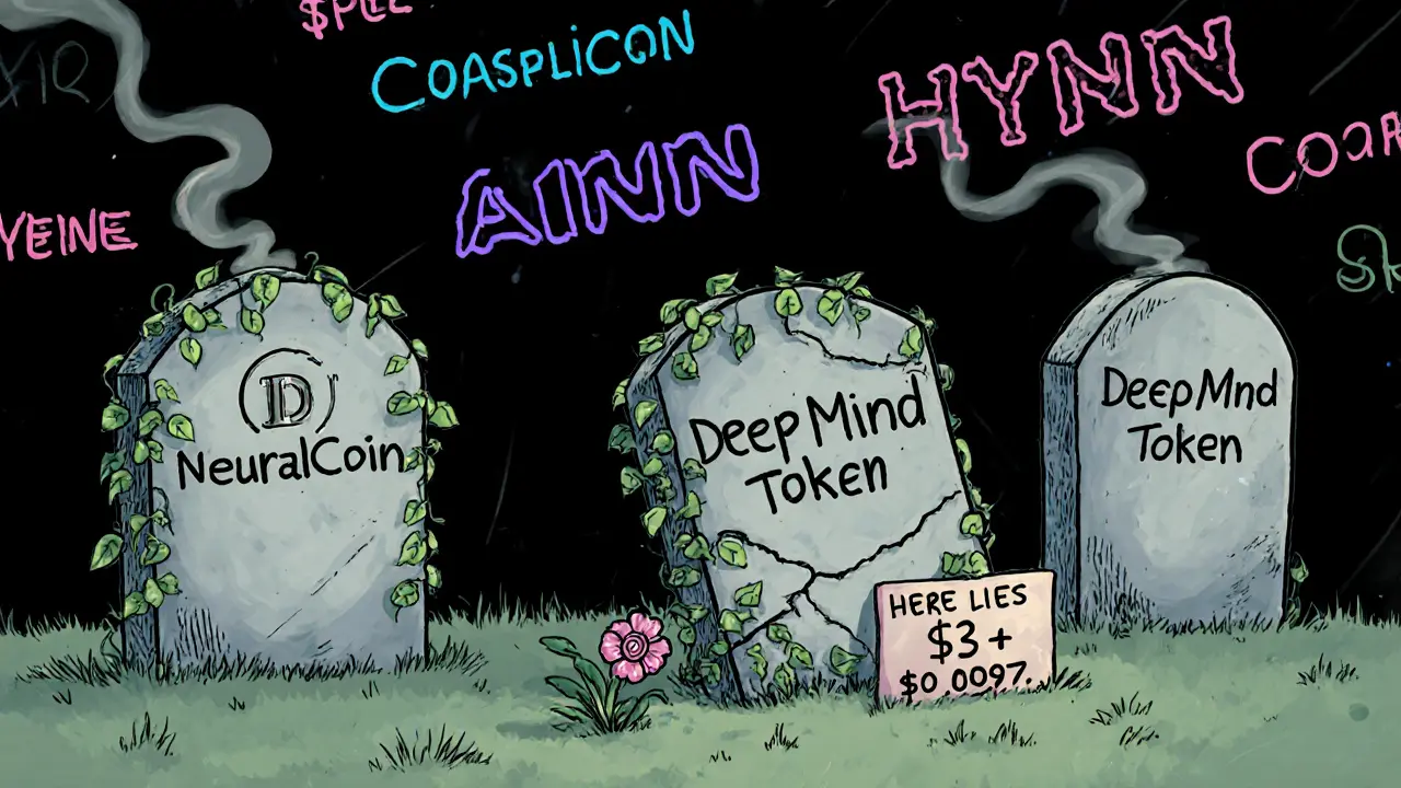 A graveyard of failed AI crypto tokens with a crumbling AINN tombstone under a fading neon sky.