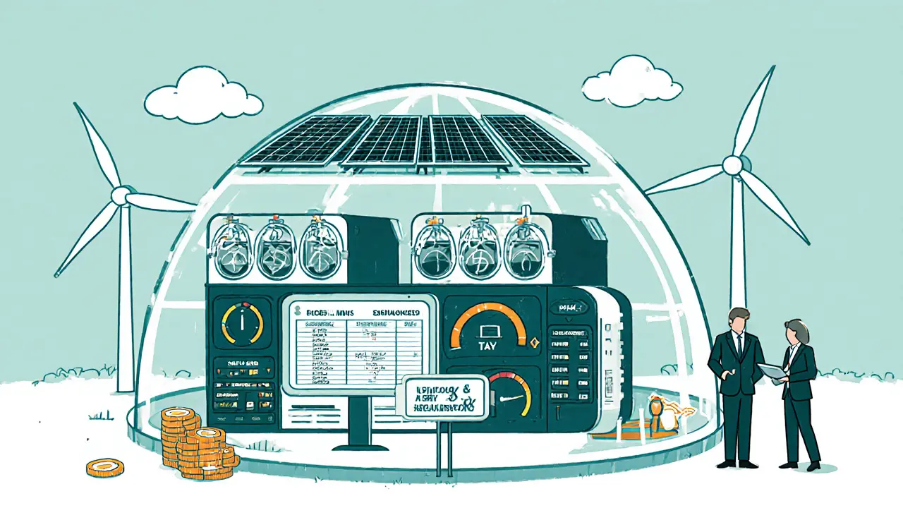 A licensed mining facility runs on solar and wind power, with miners monitoring compliance dashboards.