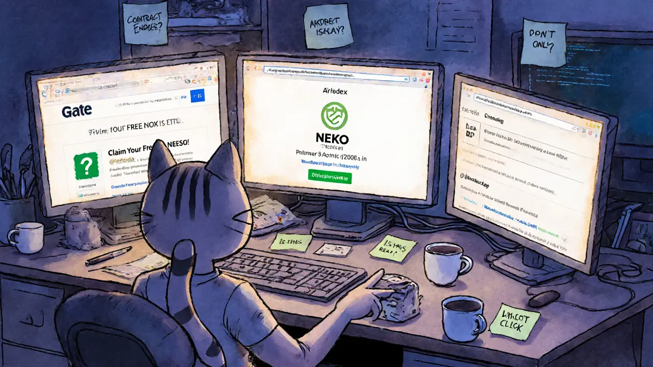 A person at a desk with three screens: one scam, one official Gate.com NEKO page, one Nekodex app with cat mascot guiding them.