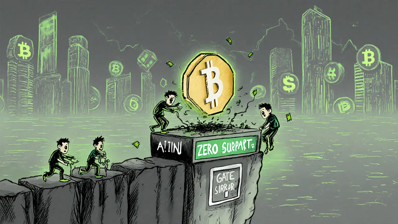 A tiny AINN token on an empty exchange board, with giant crypto coins in the background and traders jumping off a cliff.