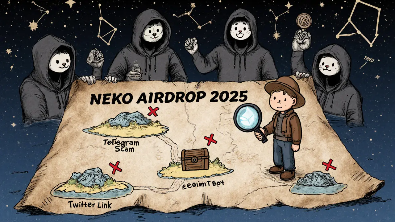 A treasure map showing fake NEKO airdrop islands and one real one at Gate.com, with adventurer avoiding scam signs.