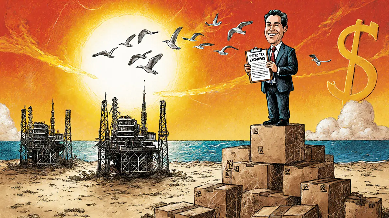 Abandoned mining equipment in a Petro Zone, with a bureaucrat standing atop boxes of unused servers.