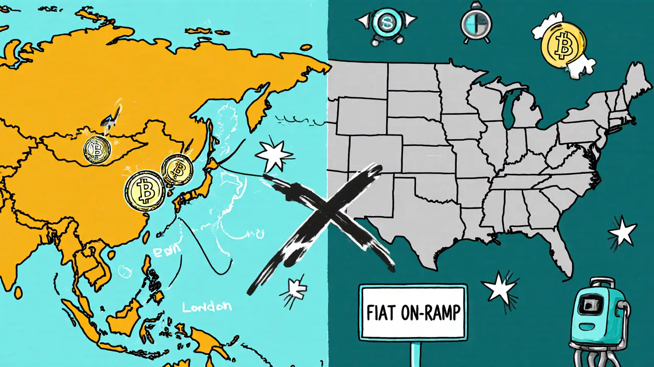 Global crypto flow on one side, U.S. blocked with red X, bots trading on active side.