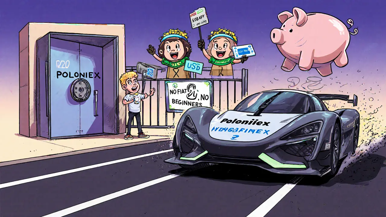 Racing car labeled Poloniex on trading track, beginner locked out, savings piggy bank with timer.