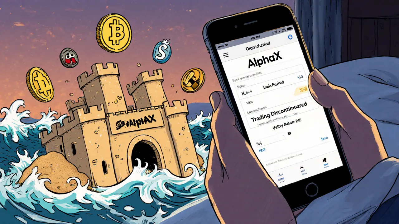 User on phone seeing 'Trading Discontinued' as their funds drain into a sinking sandcastle.