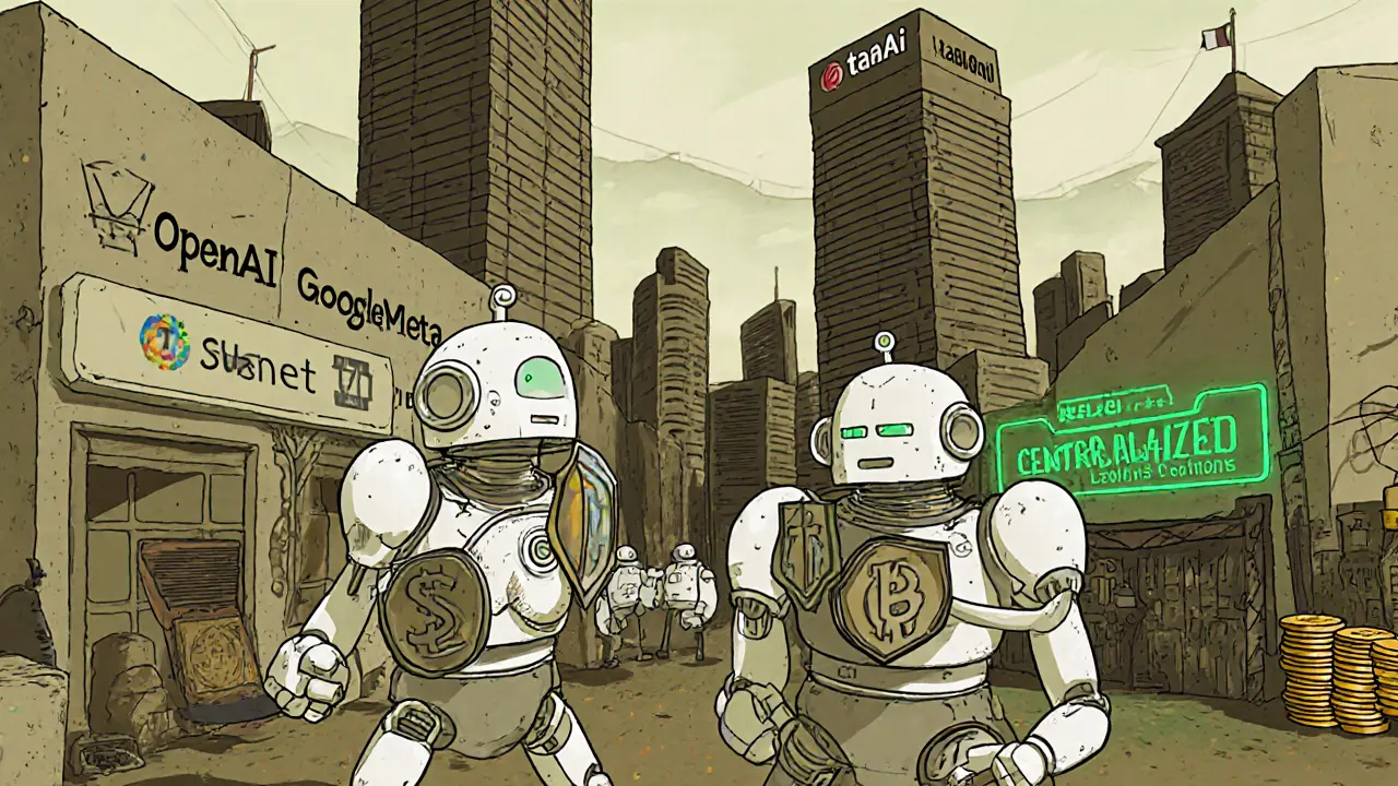 Validators carry shrinking AI models in a surreal marketplace, contrasting centralized AI towers with decentralized Subnet 47.