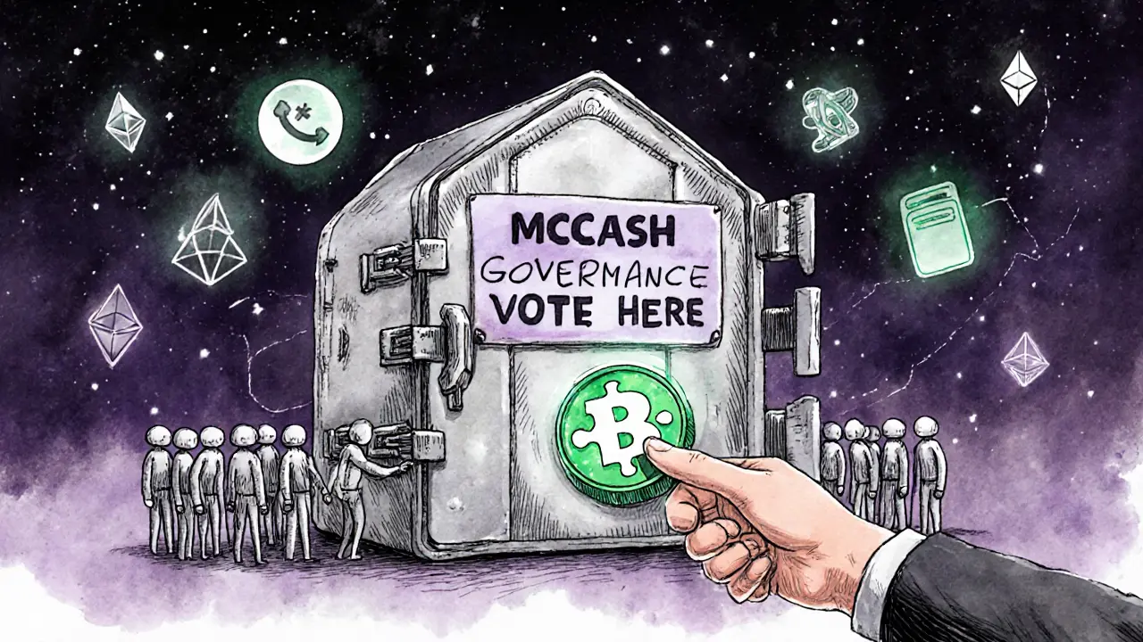 1,114 contributors assembling a zkSNARK privacy vault, with MCASH governance tokens floating nearby under a starry sky.