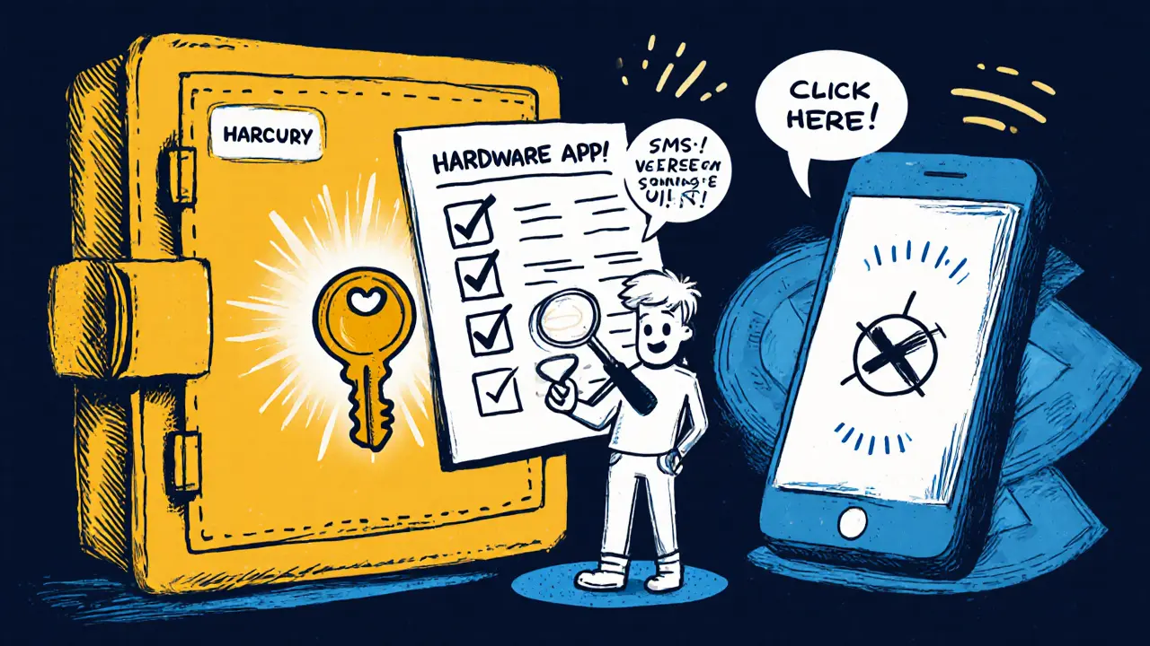 A crypto vault protected by a hardware key, with a checklist showing safe and unsafe 2FA methods.