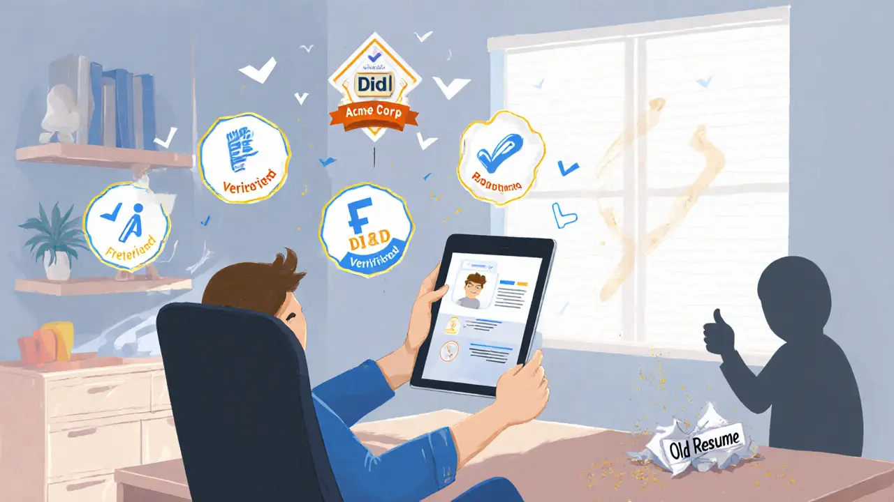 A freelancer with verified skill badges floating around their tablet, while an old resume disappears.