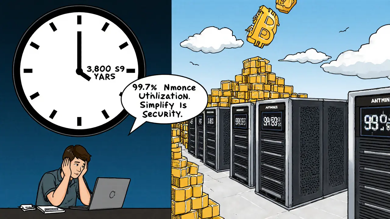 A lone laptop miner vs. a massive ASIC farm, with a wise miner saying 'Simplicity Is Security'.